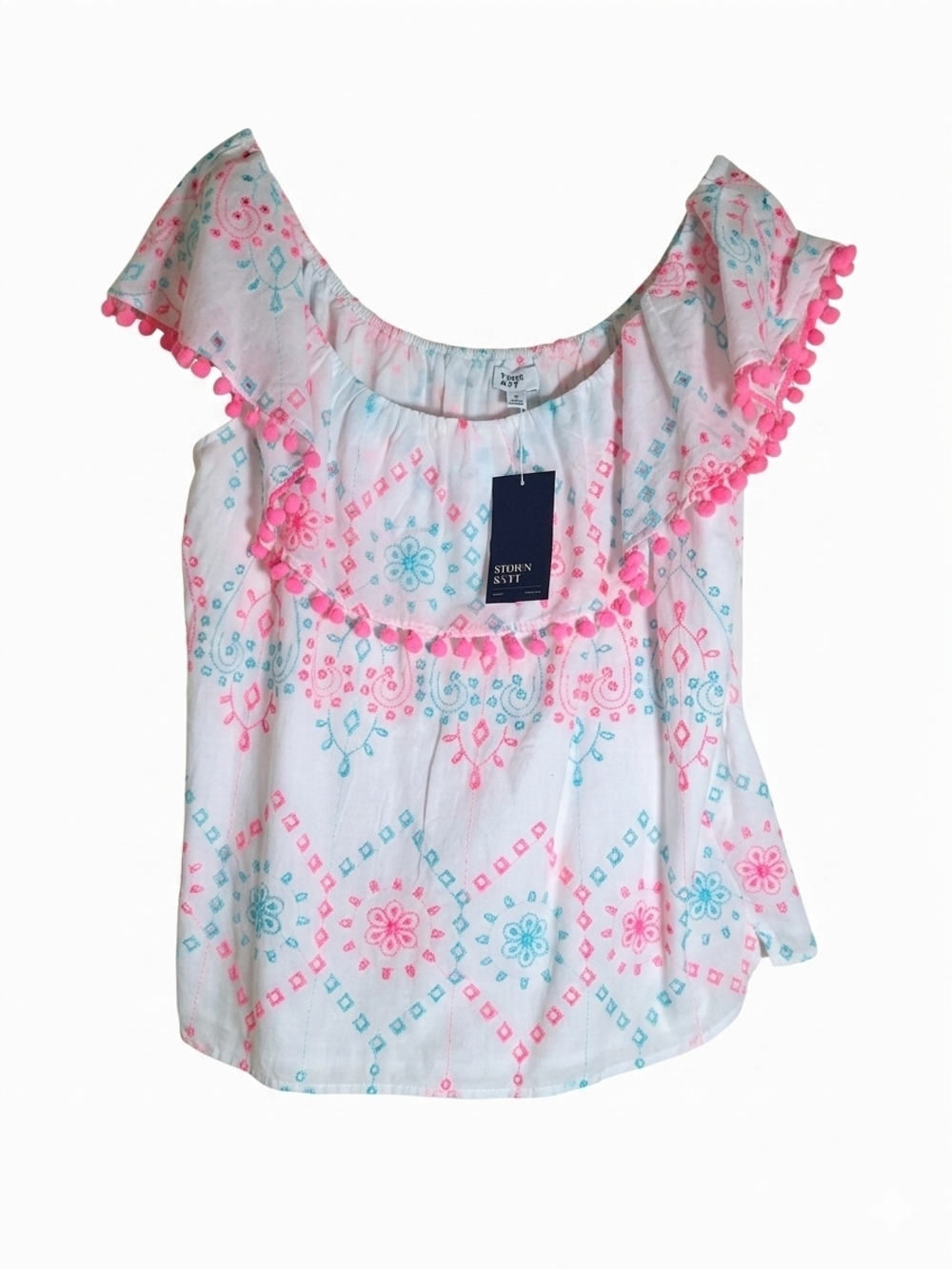 Crown & Ivy Resort Off The Shoulder Top Pom Pom Embroidered Cotton Blouse XL - Picture 1 of 7